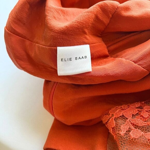 ELIE SAAB ORANGE SILK BLEND SLEEVELESS LACE PLEATED MIDI A-LINE DRESS - 8 (40) - Picture 11 of 12